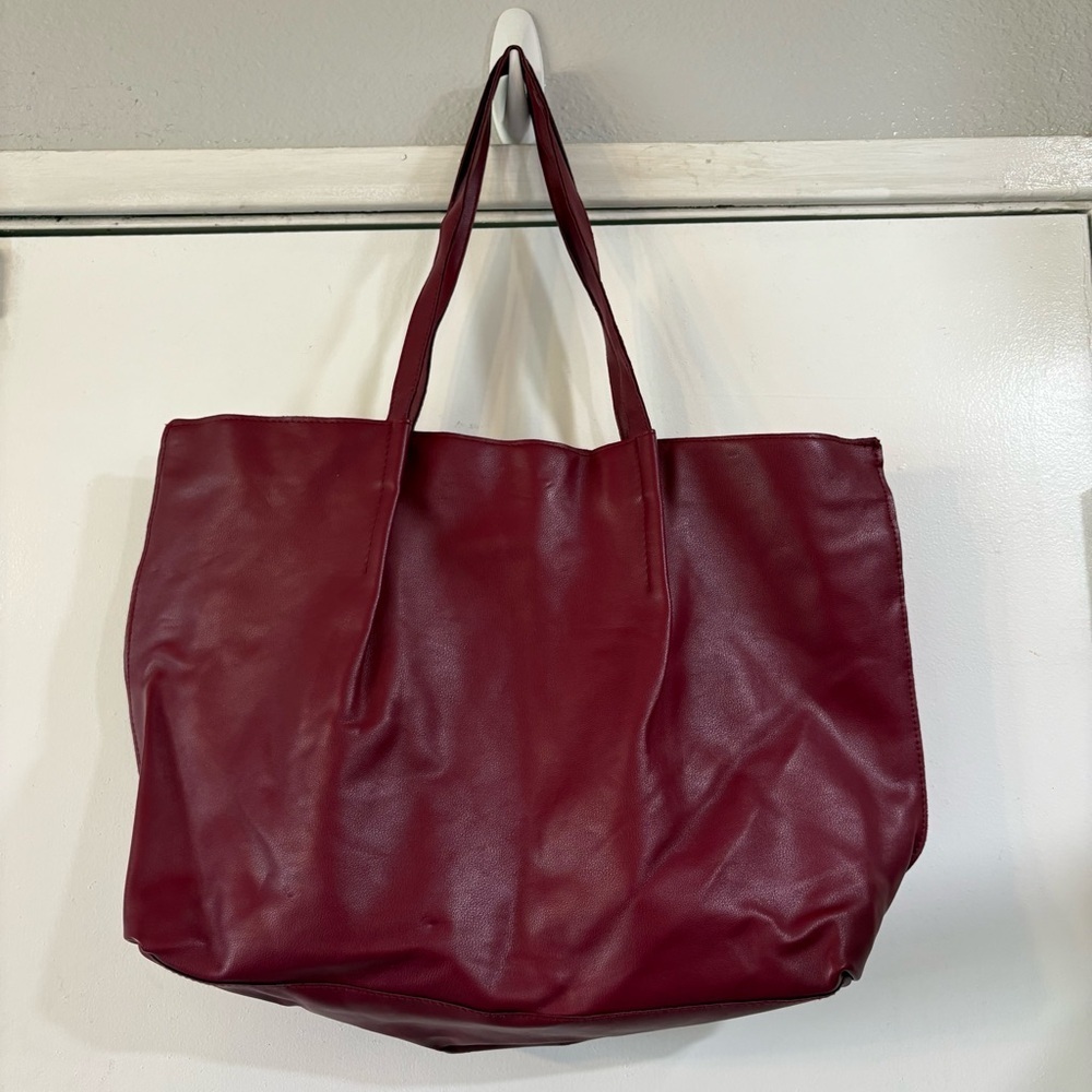 Sak’s 5th Avenue Red Maroon Burgundy Faux Leather Vegan Tote Large Shoulder Bag